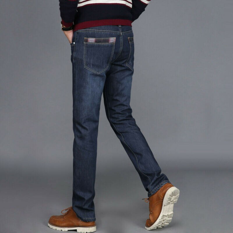 Termiske jeans til menn fleece foret denim lange bukser vinter tøye ut varme bukser ensfarget fleece uformelt trend