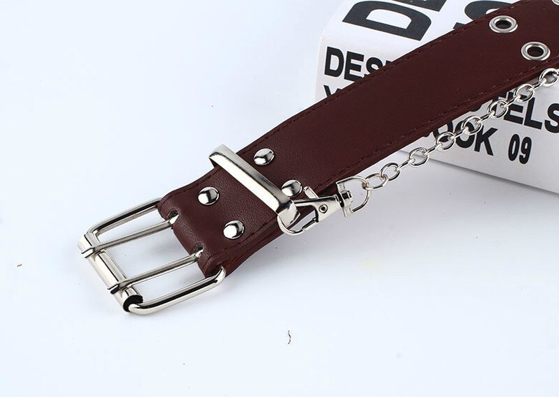 Women Punk Chain Belt Adjustable Black Double/Single Eyelet Grommet Leather Buckle Belt