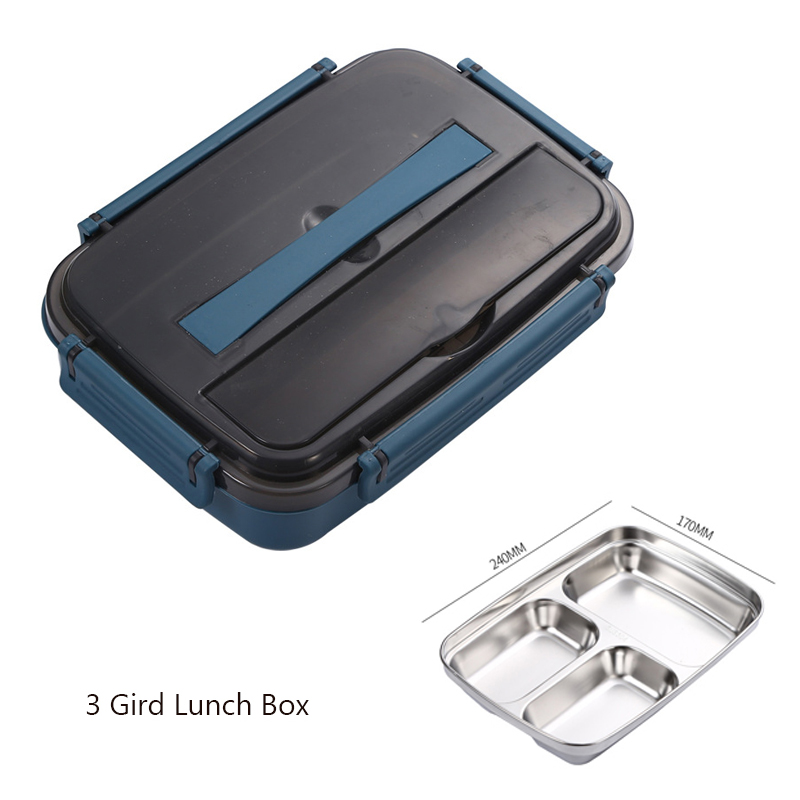 Lunch Bento Box Voor Werk Draagbare Lekvrij Servies Rvs Mannen Lunchbox Outdoor Picknick Voedsel Opslag Snack Containers: Blue 3 Gird 1.1L