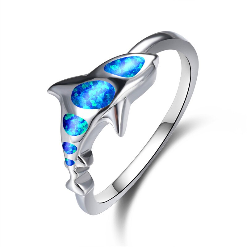 Trendy Vrouwelijke Blue Opal Stone Sieraden Charm Zilveren Kleur Dunne Engagement Ring Dainty Bruid Shark Trouwringen Voor Vrouwen