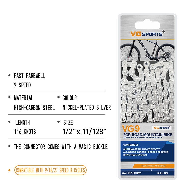 Bicycle Chain 8 9 10 11 Speed Nickel plated Colorful Silver Lightweight Mountain Road Bike MTB Chains Part 116 Links: 9 Speed