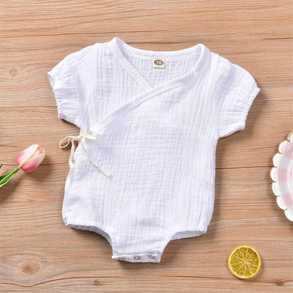 Barboteuse unie à manches courtes pour -né garçon et fille, combinaison en coton à lacets, tenue de soleil, vêtements, 4 couleurs, 0-18M: C / 18M