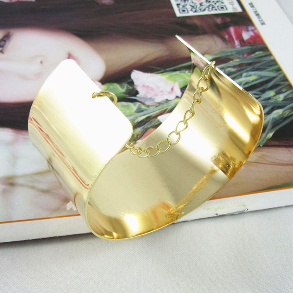 Jewelry Exaggerated Wide Face Punk Wide Flat Bracelet Women Mirror Cuff Retro Big Gold Color Bangles