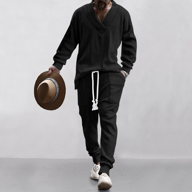 Conjunto de camisa y pantalón con cuello en V para hombre, traje de Jacquard de , estilo europeo y estadounidense, primavera y otoño, novedad: XXL / Negro