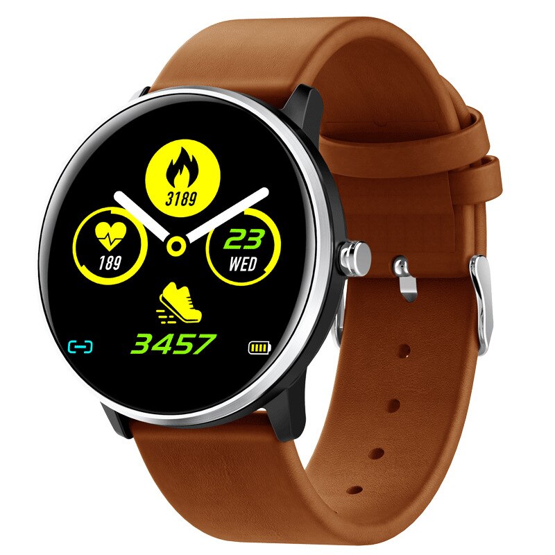 Heren dames smartwatch smartband volledig scherm touch  ip68 waterdichte hartslagmeter fitness tracker smartwatch voor ios android: Bruin leer