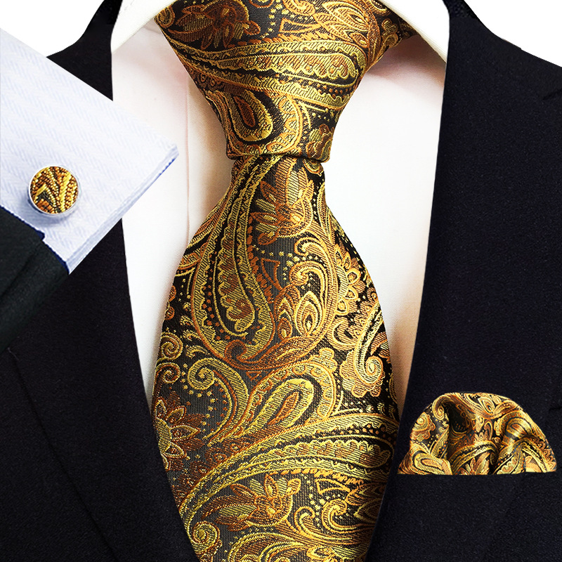 Gold Paisley Silk Ties For Men Luxury 8cm Royal Striped Necktie Pocket Square Cufflinks Set Jacquard Weave Tie Suit Accessories