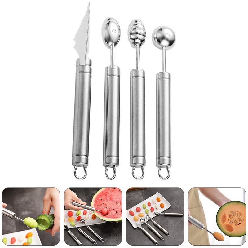 4Pcs Fruit Ball Spoons Stainless Steel Melon Ball Spoons Fruit Baller Scoops Kitchen Tool Fruit Carving Knife Ball Scoop
