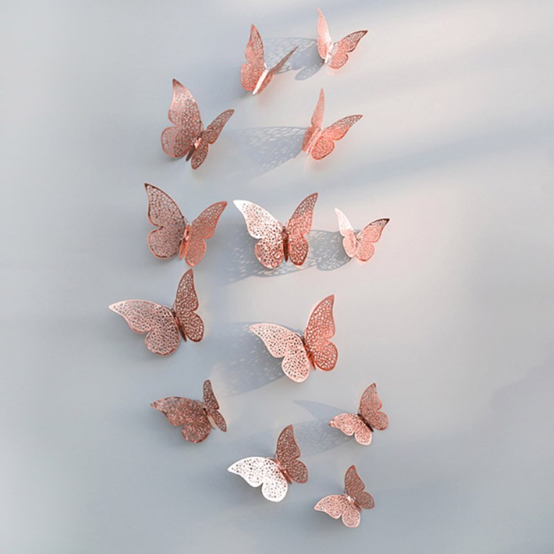 12 unids/lote de calcomanías de mariposa 3D doradas y plateadas para pared, calcomanías artísticas para el hogar, pegatinas para pared, decoraciones para exhibición de mariposas para fiestas y: B-rose gold