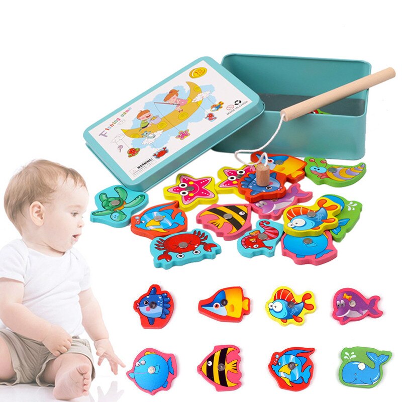 15Pcs Baby Toy Fish Wooden Magnetic Children Fishing Game Educational Toy Water Play Baby Fishing Rods Toy Set Iron Box