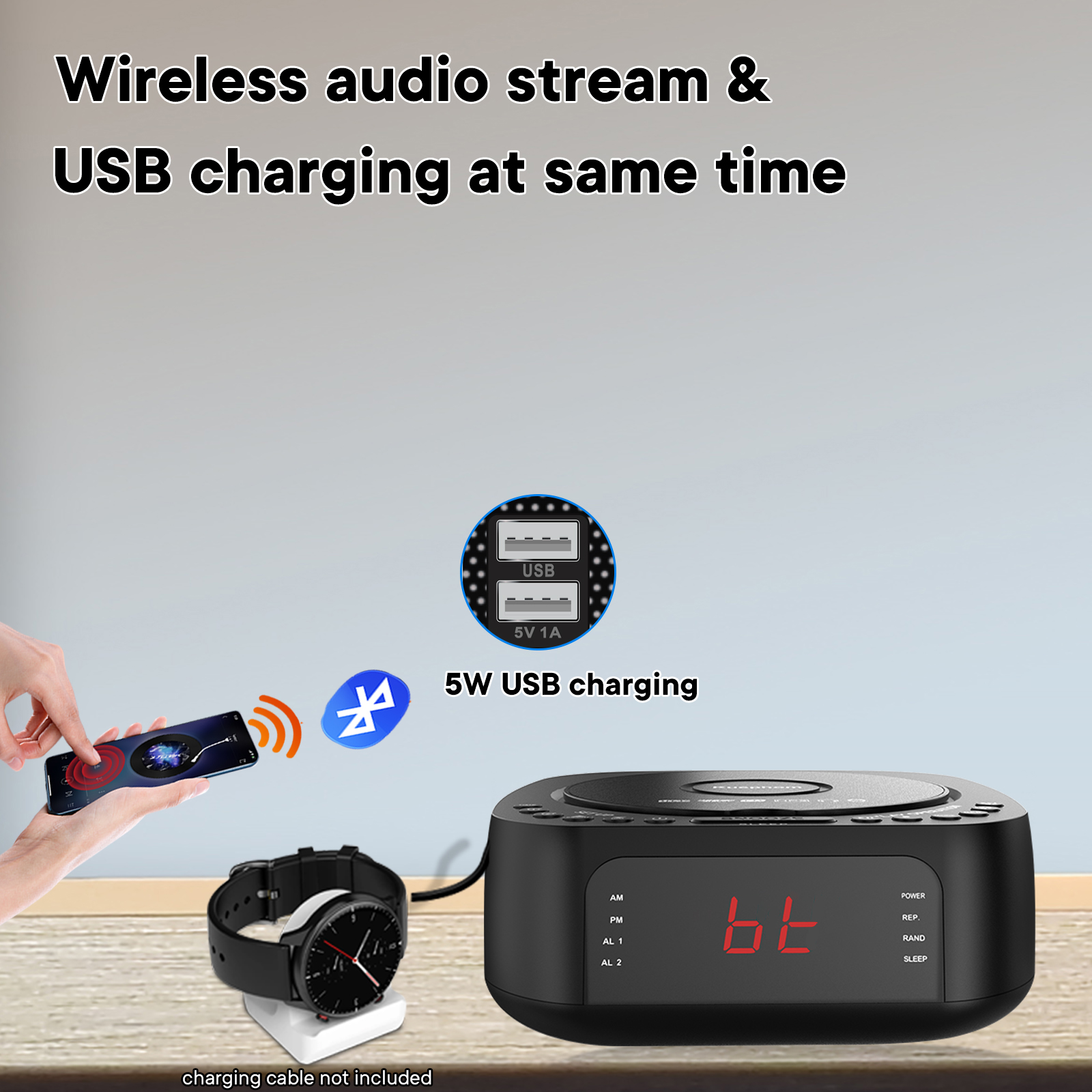 CD Player Alarm Clock with Remote,CD/MP3 Bluetooth FM radio with Speakers,USB charger,Dimmable LED display,dual alarms bedroom