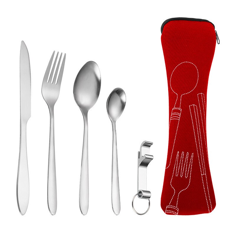Portable Tableware Bag Cutlery Bag Dinner Set Travel Packaging Storage Box Dinnerware Picnic Fork Spoon Bag Tableware with Bag: Red  5pcs