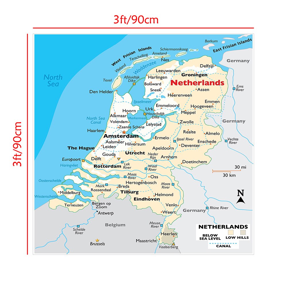 90*90cm Topography Map of The Netherlands s Non-woven Canvas Painting Wall Art Poster Classroom Home Decoration School Supplies