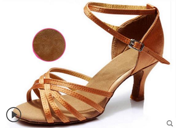 Vrouwen Latin Dans Schoenen Hoge Hakken Koeienhuid zachte bodem Black satin Sport schoen Latin Indoor Goedkope Meisje Beoefenen Grote Korting: Deep skin heel 5.5cm