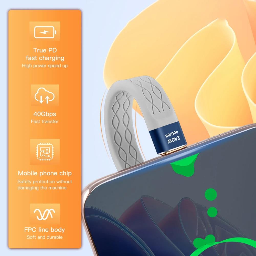 Cable corto USB 4,0 USB C a USB C de 240W, Cable tipo C de carga rápida, transferencia de datos de 40Gbps, Cables de extensión de carga de datos planos y delgados 8K