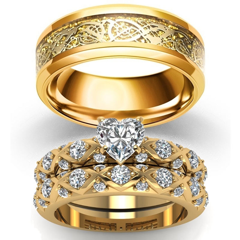 Bijuterii inele cuplu inimă romantică zircon set inele logodnă mireasă culoare auriu dragon vintage inel bărbați din oțel inoxidabil