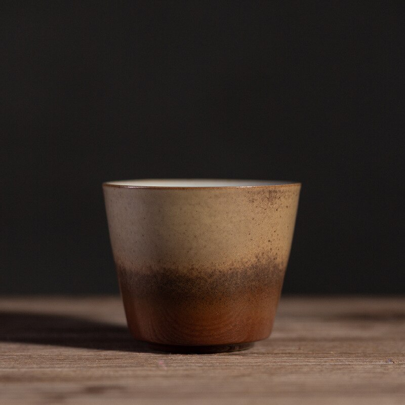 Taza pequeña de cerámica horneada en horno simple, cerámica gruesa, número pequeño, taza de té, 6 piezas, estilo retro genial, taza de té de cerámica con sombrero de bambú.: Taza de té b