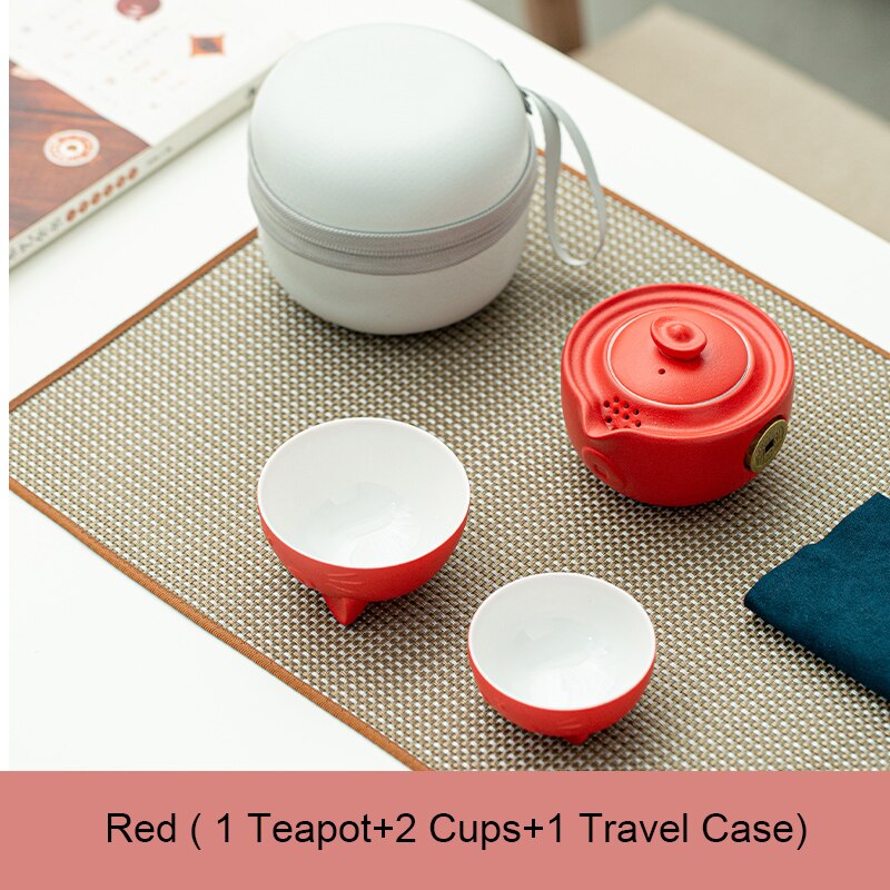 LUWU – théière en céramique avec 2 tasses chat mignon, service à thé de bureau portable de voyage avec étui de voyage: Rouge