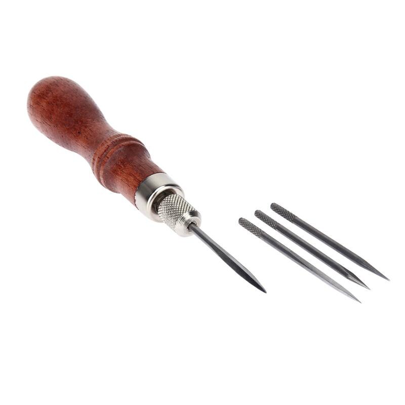 4 In 1 Leather Tools Sewing Needles Diy Wood Handle Lacing Scratch Leather Stitching Awl Scratch Awl Canvas Leather C: Default Title