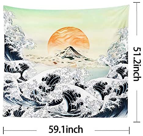 Tapices japoneses para colgar en la pared Original, dibujo a mano, dibujo artístico, ola de mar, atardecer