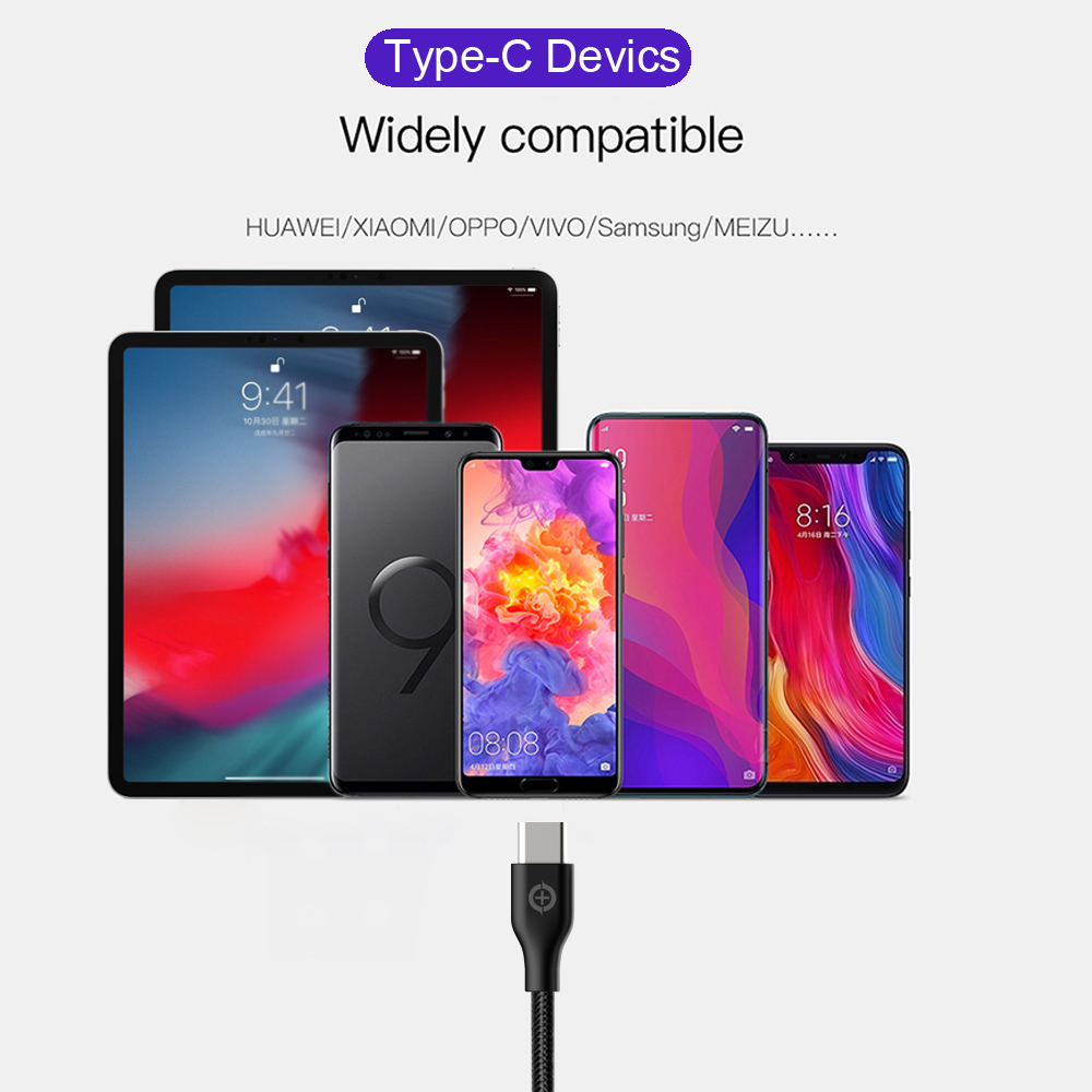 Til samsung galaxy  s8/s9/s10 note 8/9, type  c 3a mobiltelefon hurtigopladningskabel  qc3.0/ afc/fcp til huawei xiaomi 8/9/ se  (2 pakker)