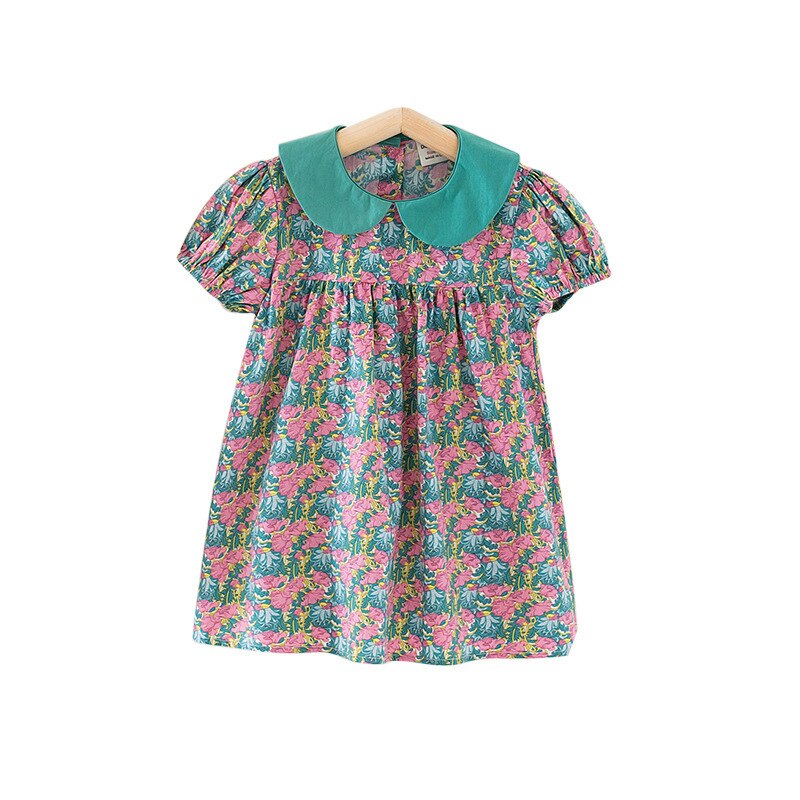Meisjes Jurk 2022 Zomer Meisjes Pop Kraag Jurk Meisjes Baby Gedrukt Puff Mouwen Korte Mouwen Jurk Kinderen Jurk