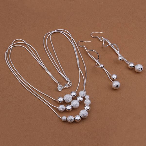 silver plated Jewelry Set,silver Jewelry,Sand Light Bead Necklace+Earring Two Piece Set SMTS423