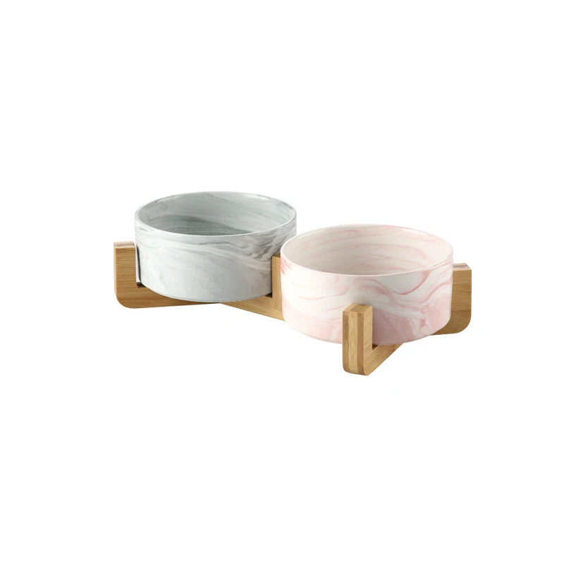 Tigela de cerâmica marmorizada para gatos, com suporte de madeira, tigelas duplas para alimentos, água, cachorros pequenos, suprimentos de alimentação elevados: M / Cinza claro