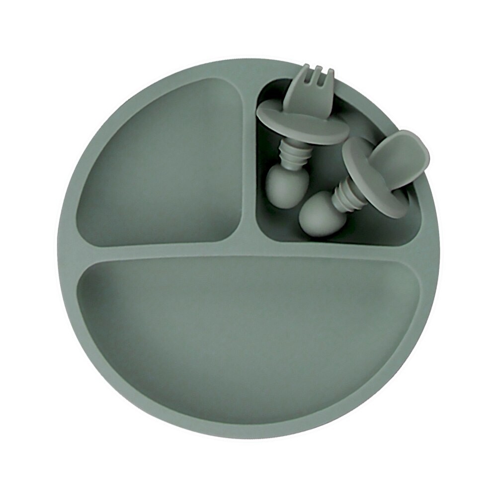 Suction Cup Plate Dispensing Baby Dishes Anti-slip Children's Tableware Silicone Feeding Set Food Bowl Blw Utensils Cutlery Acce: 3pcs Olive