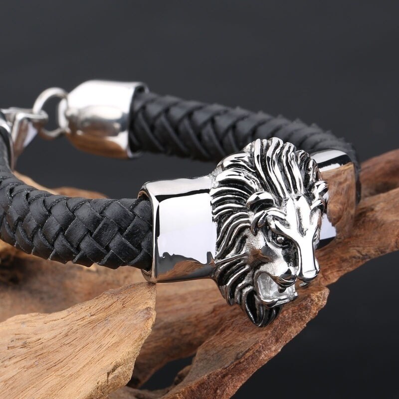 Mannen Zwart Lederen Rvs Armband Leeuwenkop Armband Voor Mannen