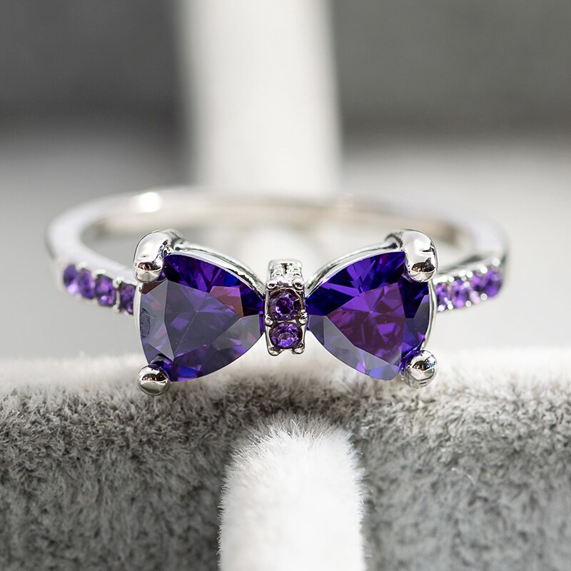 Anillos de boda de circonia púrpura para mujer, sortijas de lazo de cristal de lujo, joyería de compromiso, de para niña