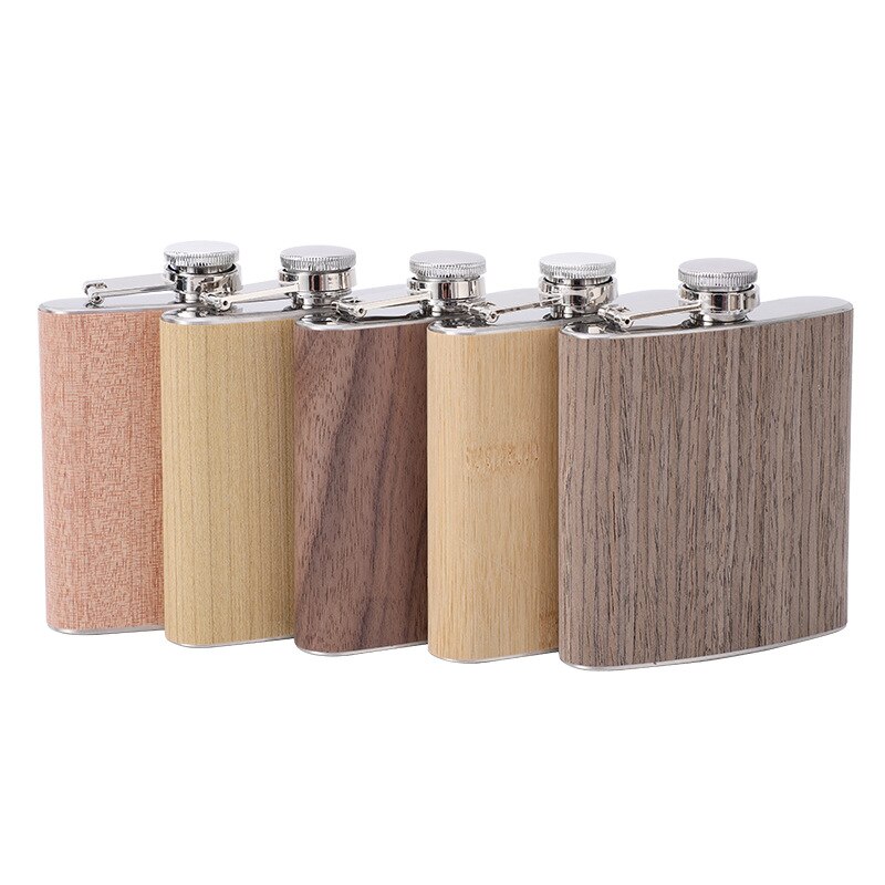 6OZ Wooden Leather Hip Flask Stainless Steel 304 Whiskey Wine Flagon Alcohol Drinking Bottle Travel Drinkware