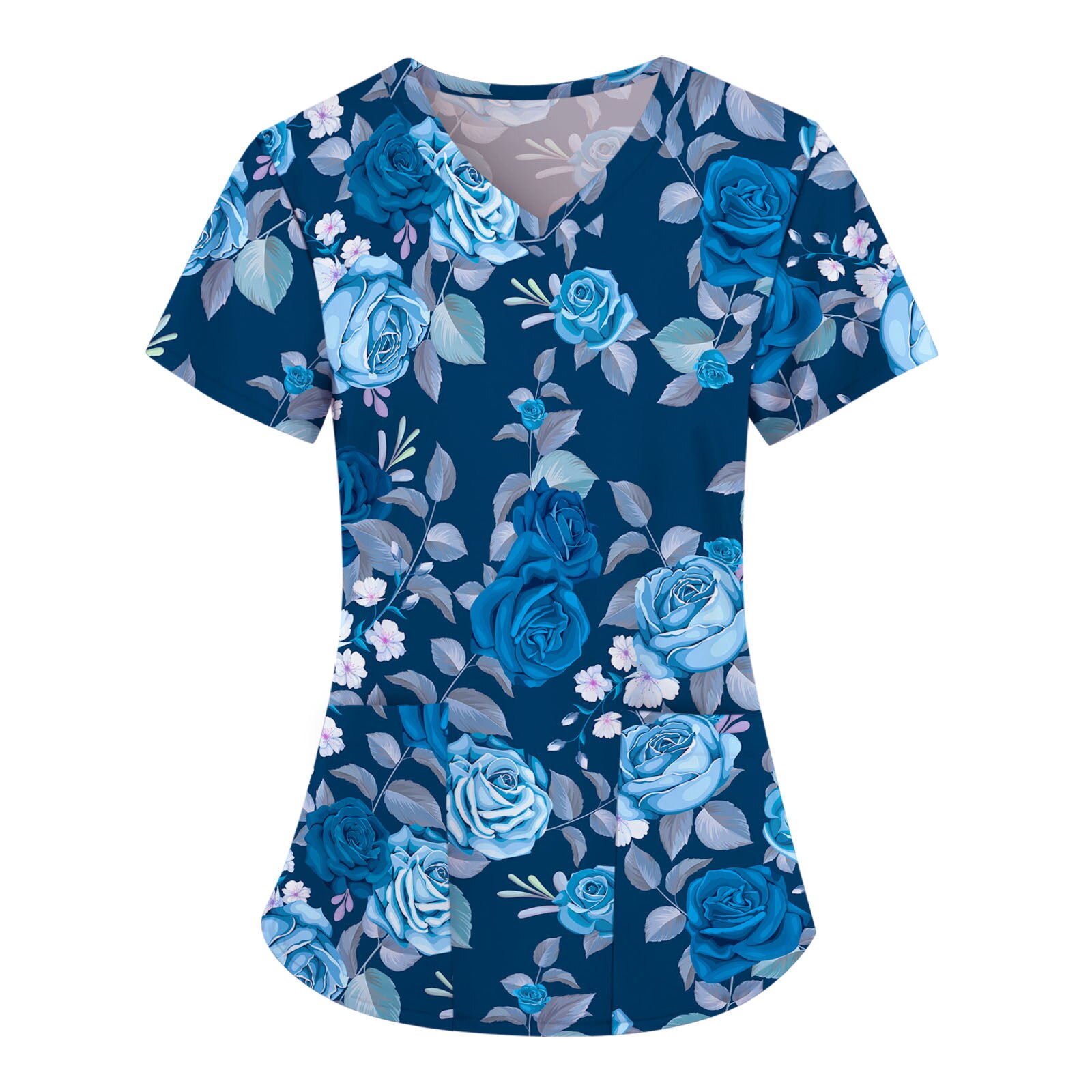 Les femmes Blouse manches courtes col en v clinique vêtements motif Floral hauts avec poche de travail des infirmières uniforme décontracté chemises douces