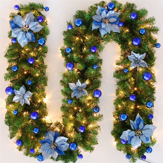 2.7M Christmas Rattan Artificial Garland Home Decor Wreath Decorative Green Christmas Garland Artificial Xmas Tree Decoration: blue / Without LED