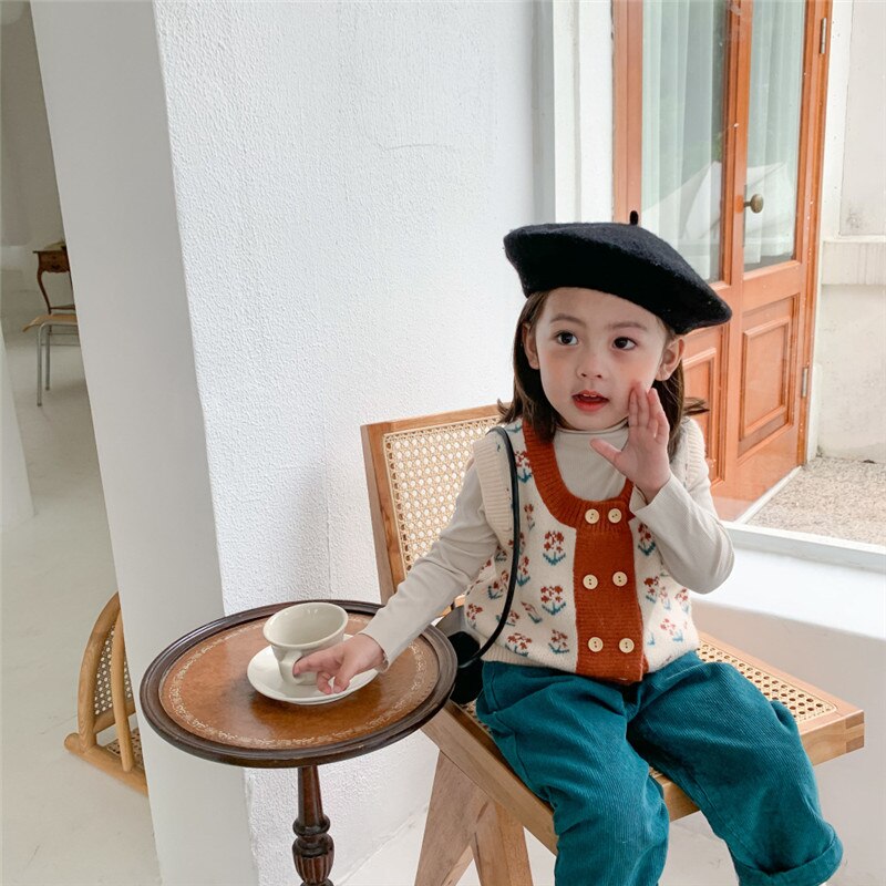 Populær koreansk babypiger retro vest blomst strikket cardigan børn dobbeltradet sweater vest