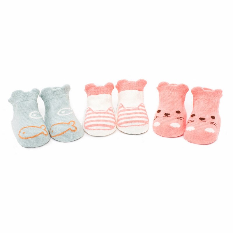 3 Pairs/Lot Baby Socks With Grip Kids Cute Stereo Animal Cartoon Loose Toddle Boys Girls Anti Slip Socks Floor Crawling Socks: Cat