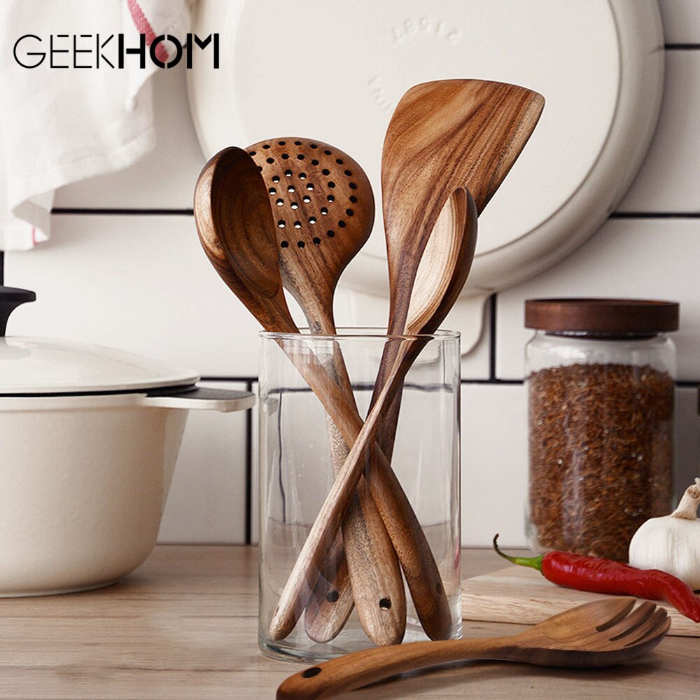 GEEKHOM Wooden Cooking Utensils Set Heat Resistant Cookware Spatula Set Wooden Handle Kitchen Accessories Cooking Tools