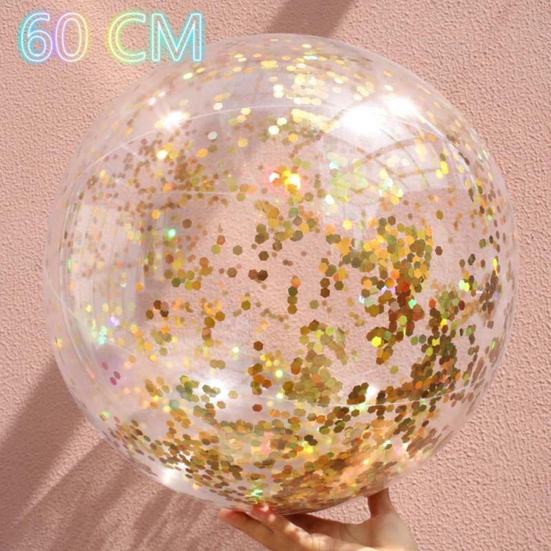 Summer Party Swimming Beach Ball Transparent Flash PVC Inflatable Color Sequins Feather Family Interaction Ball: 04 60cm