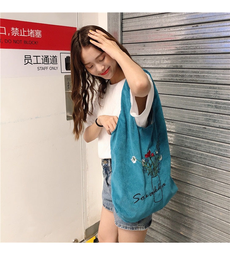 Vrouwen Borduren Canvas Boodschappentassen Dame Corduroy Schoudertas Grote Capaciteit Eco Katoenen Doek Handtas Tote