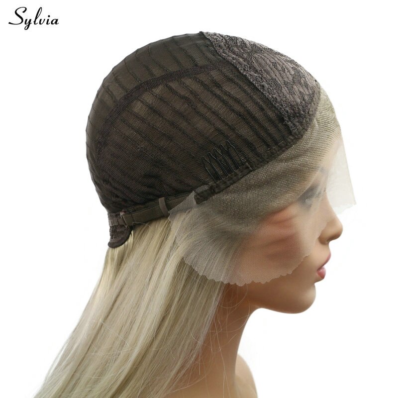 Sylvia brannfarge oransje hår syntetisk silkeaktig rett blonder foran parykk varmebestandig kvinner parykker hår drag queen fest gratis del