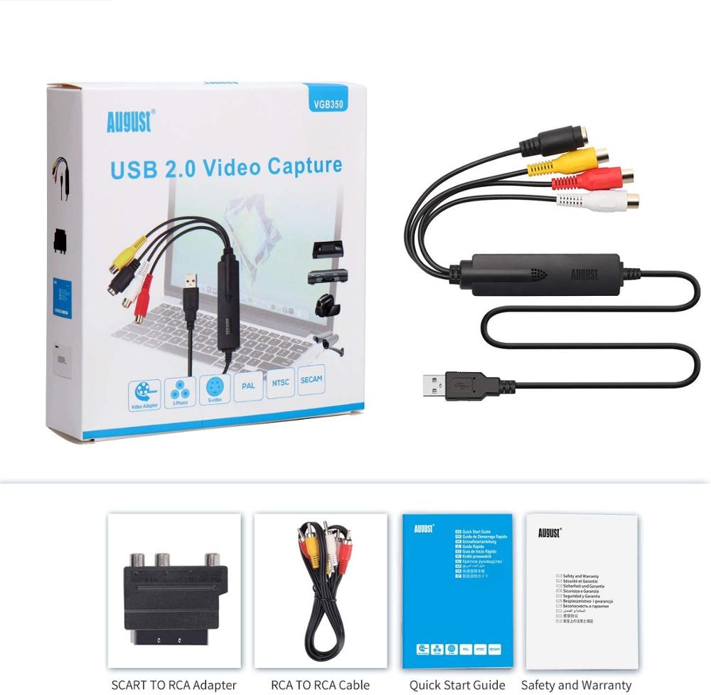 August VGB350 VHS a DVD Digital Capturadora Video y Audio USB 2.0 Convertidor/Grabadora De Captura Digitalizadora de Vídeo DVD USB para PC Windows Mac, Adaptador SCART &amp; Edite Video