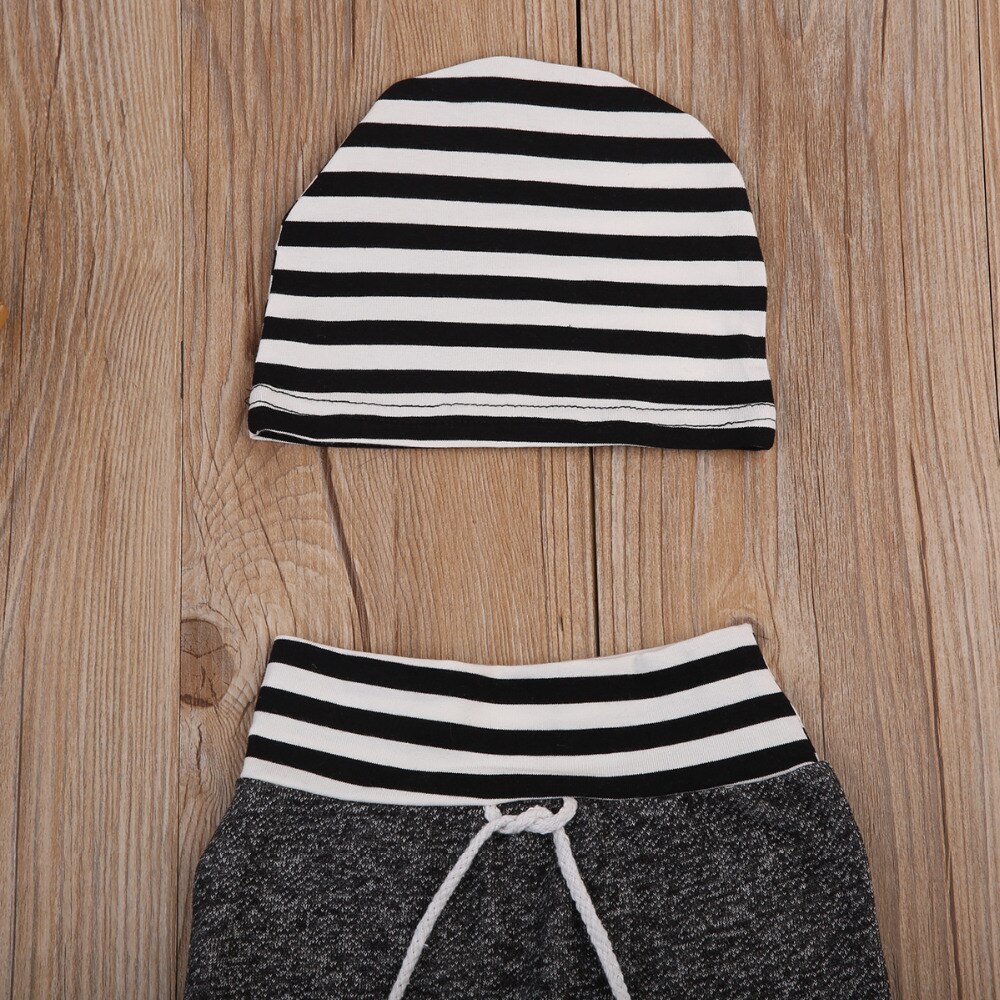 Nyfødte baby dreng piger nyeste bomuldstøj grå afslappet tøj bukser stribet hat 2 stk