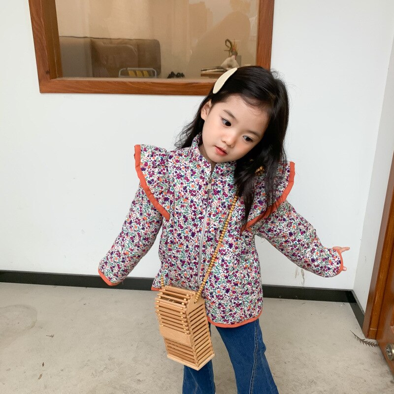 Abrigos finos acolchados florales para niñas, chaquetas informales con cremallera, cálidas, de estilo coreano