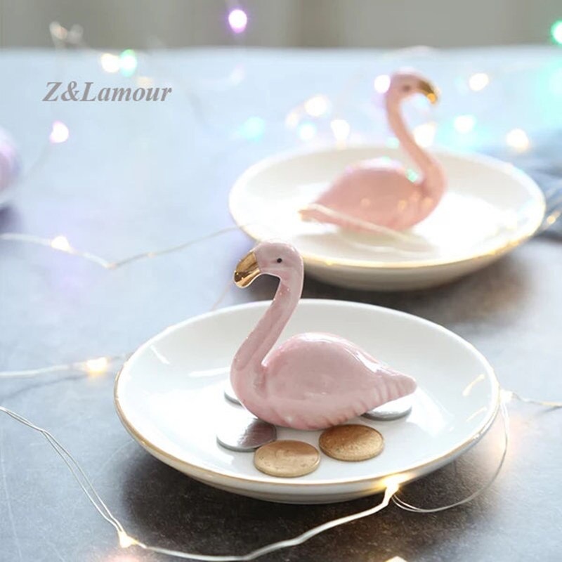 Z & lamour yndig keramisk flamingoer smykker ring holder display rack ringe kæde armbånd øreringe bakker fad