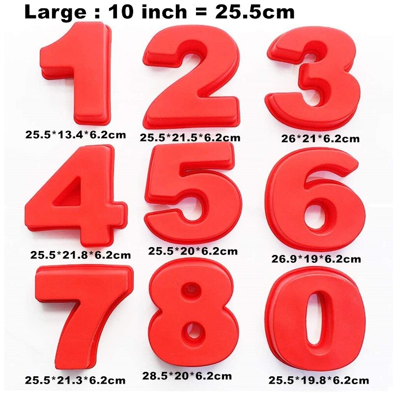 9 peças Conjunto Grande Número Números Molde de Silicone Bolo Moldes Bandejas de Cozimento Para O Aniversário de Casamento 4/10 Polegada (10/25cm): Large 10inch