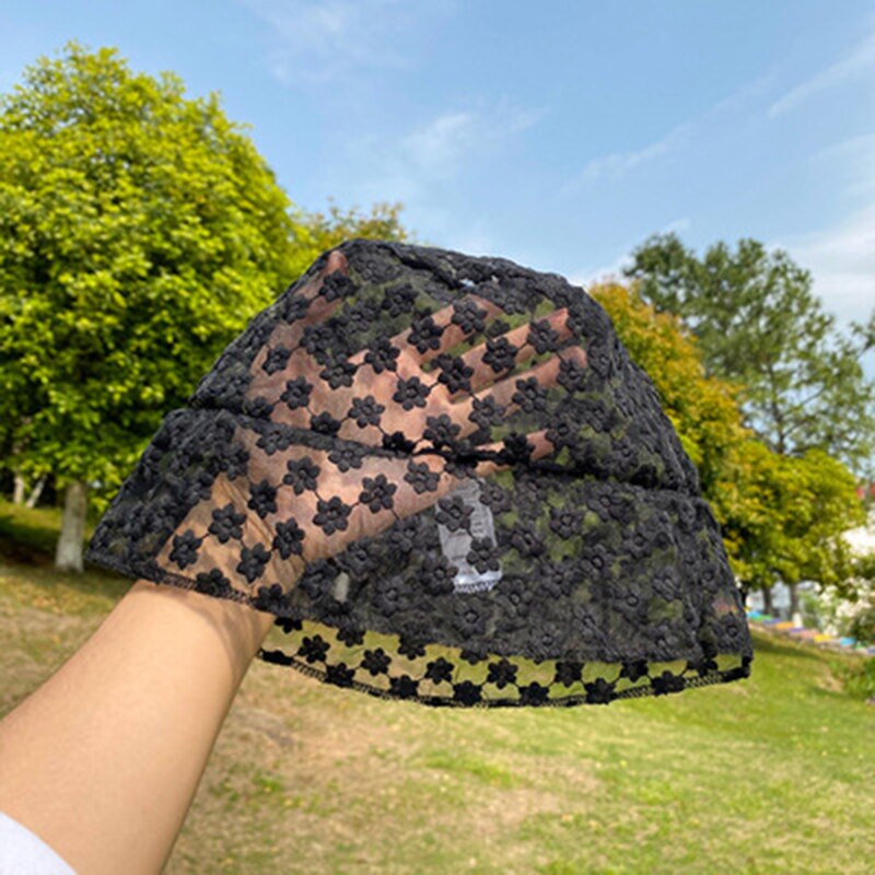 Newly Women Lace Hat Soft Lace Flower Wide Brim Sun Hats Floppy Hollow Fisherman Hats Bucket Hat: Black A