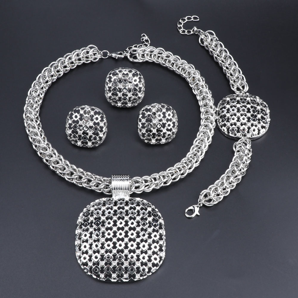 Dubai Verzilverd Sieraden Set Vrouwen Grote Hanger Ketting Mode Nigeriaanse Wedding Afrikaanse Crystal Kostuum Bruids Sieraden Set