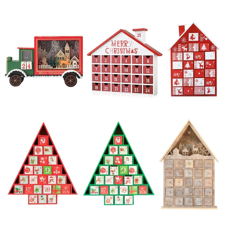 Wooden Advent Calendar Countdown Christmas Party Decor 24 Drawer with LED Light Car House Tree