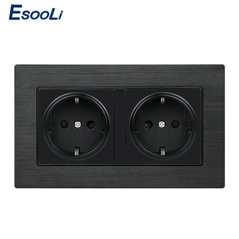 Esooli sort aluminium metalpanel vægstik eu standard stikkontakt 16a eu standard el dobbeltstik 146mm * 86mm: Sort