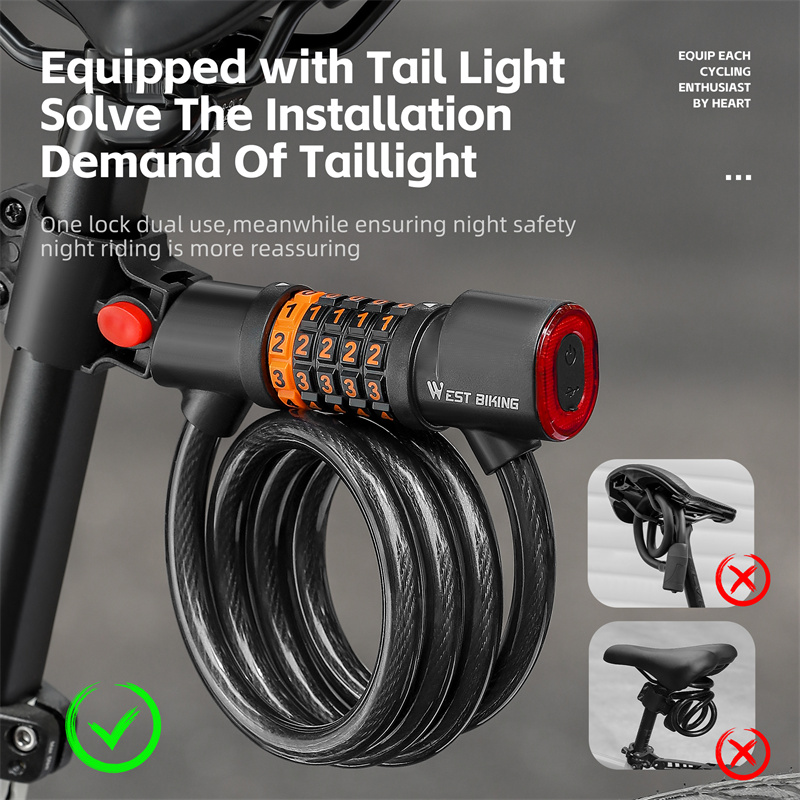 WEST BIKING-Mini serrure à mot de passe pour vélo, portable, 5 chiffres, feu arrière, câble en acier, cadre durable, accessoires