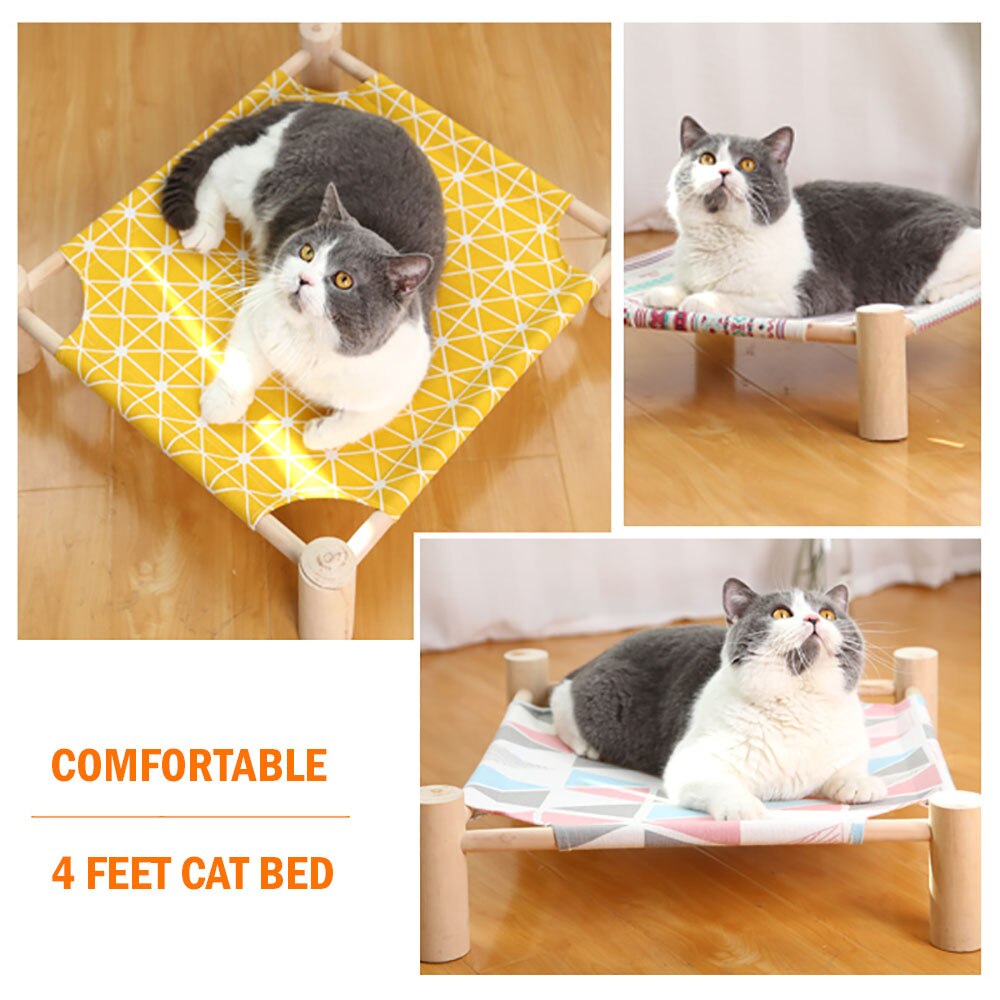Elevated Cat Bed House Cat Hammocks Comfortable Kitten Puppy Cushion Mat Wood Canvas Cat Lounge Bed Summer Pet Sleeping Supplies